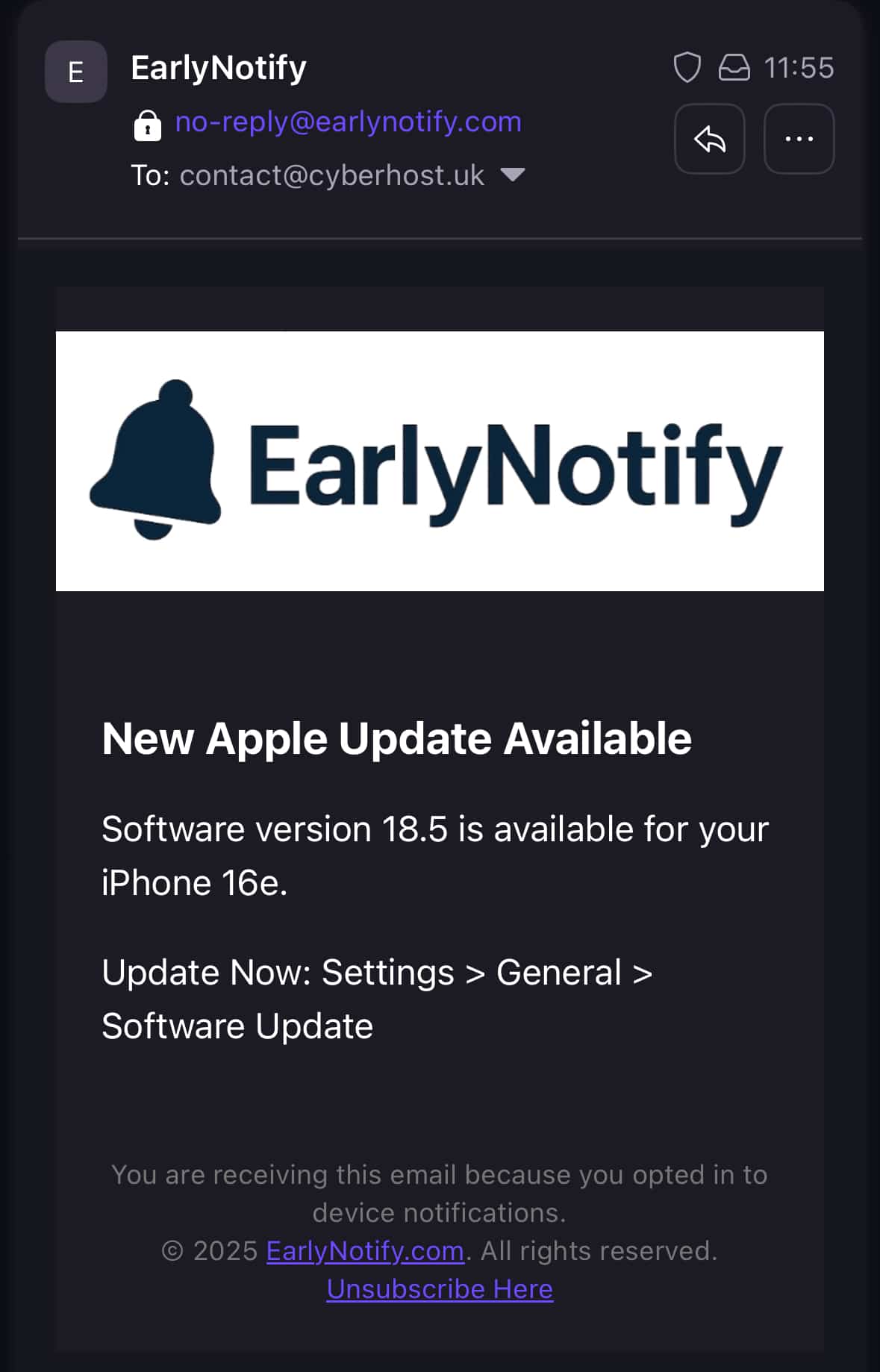 earlynotify example email